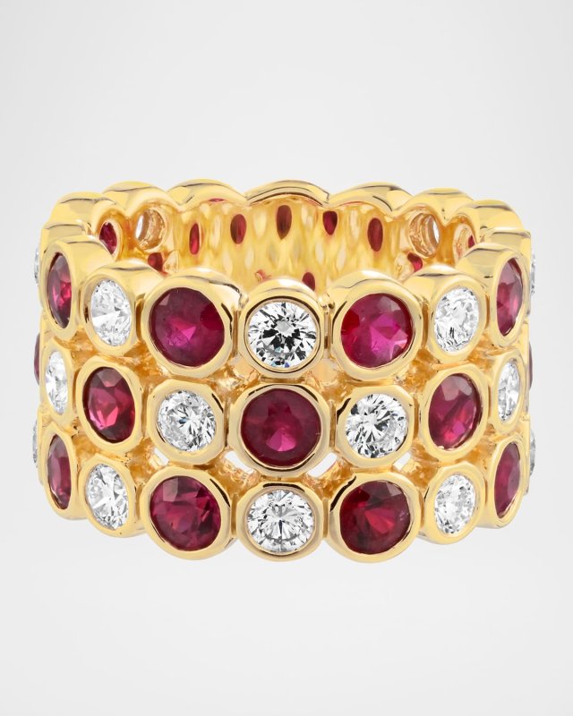 18K Yellow Gold Diamond and Ruby Three-Row Ring, Size